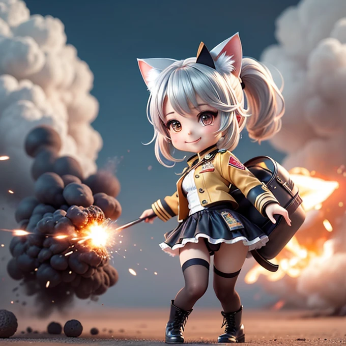 Chibi Character, A silver-haired girl with cat ears wearing a military uniform, ponytail, smile, mini skirt, See-through tights, Combat Boots, Open chest, Throw kiss, Explosion on background,Atomic cloud