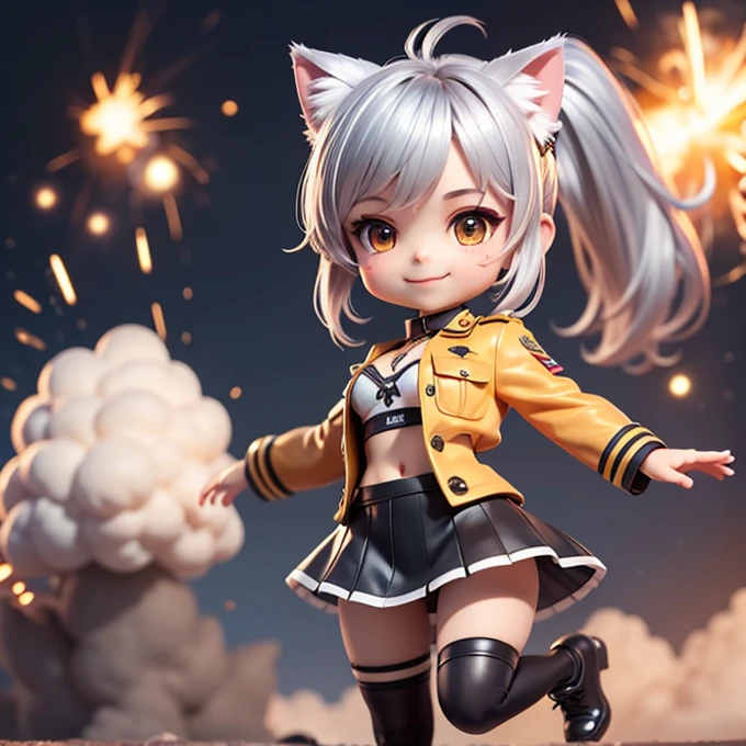 Chibi Character, A silver-haired girl with cat ears wearing a military uniform, ponytail, smile, mini skirt, See-through tights, Combat Boots, Open chest, Throw kiss, Explosion on background，Atomic cloud