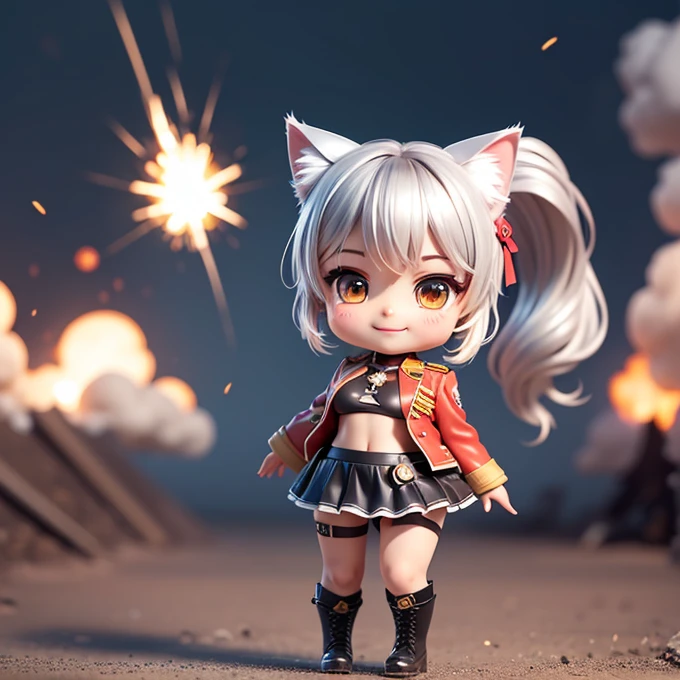 Chibi Character, A silver-haired girl with cat ears wearing a military uniform, ponytail, smile, mini skirt, See-through tights, Combat Boots, Open chest, Throw kiss, Explosion on background，Atomic cloud