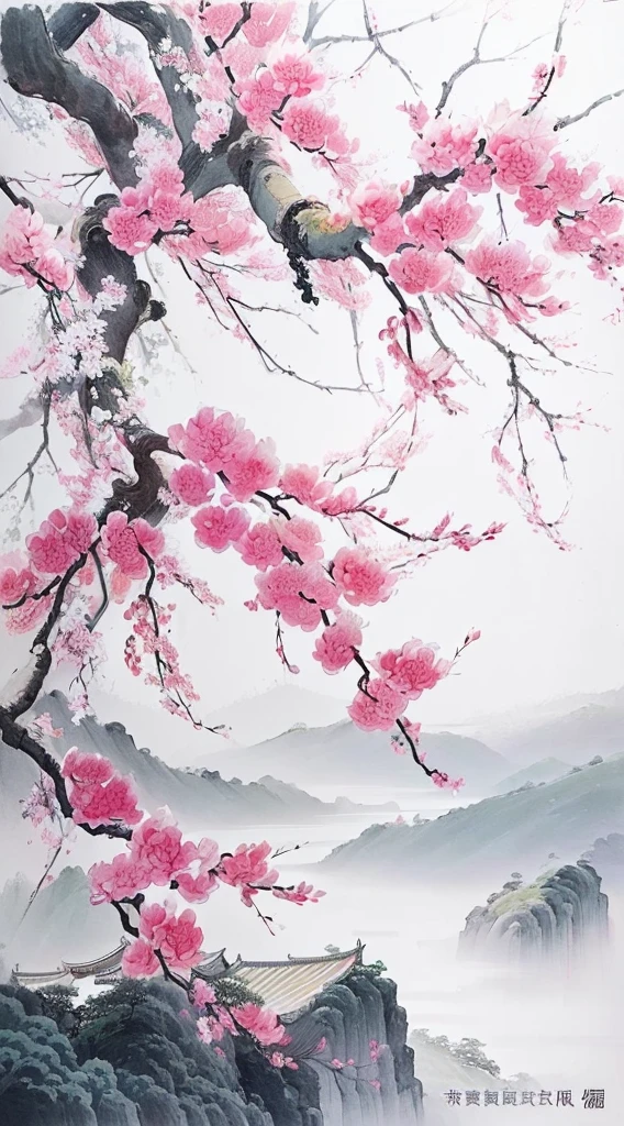 A closeup shot of a tree with pink flowers, Chinese painting style, Chinese style painting, traditional Chinese painting, traditional Chinese Ink Painting, Chinese Ink Painting, plum bossom, Chinese painting, Traditional Chinese Art, Japanese-style, traditional Japanese painting, Japanese painting, author：Ju Lian, author Dai Xi, Traditional Chinese Watercolor, by Chen Daofu