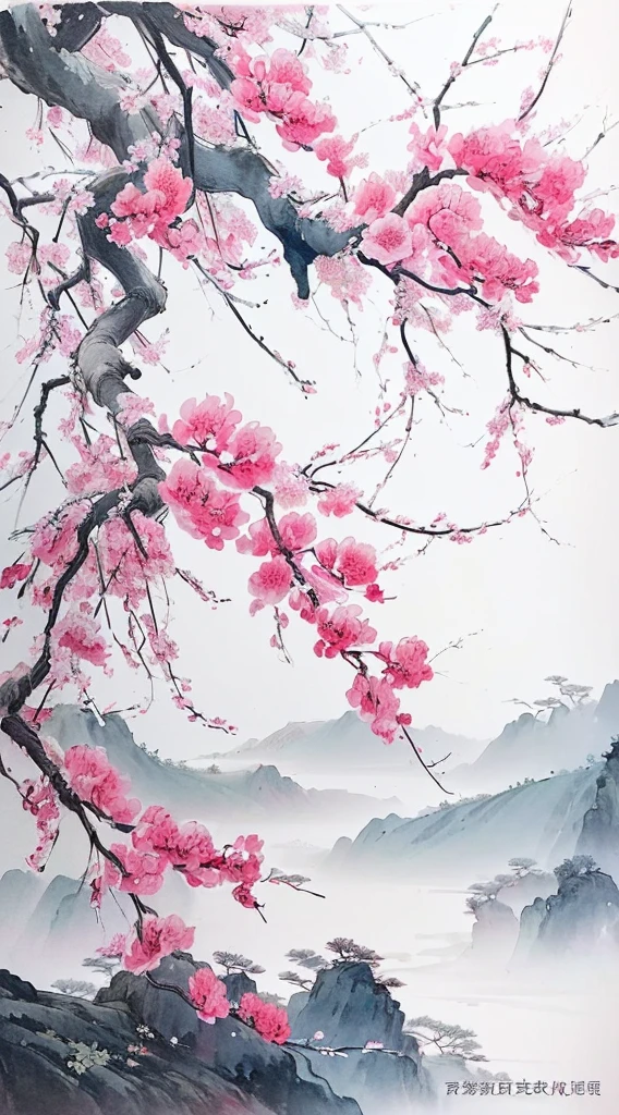 A closeup shot of a tree with pink flowers, Chinese painting style, Chinese style painting, traditional Chinese painting, traditional Chinese Ink Painting, Chinese Ink Painting, plum bossom, Chinese painting, Traditional Chinese Art, Japanese-style, traditional Japanese painting, Japanese painting, author:Ju Lian, author Dai Xi, Traditional Chinese Watercolor, by Chen Daofu