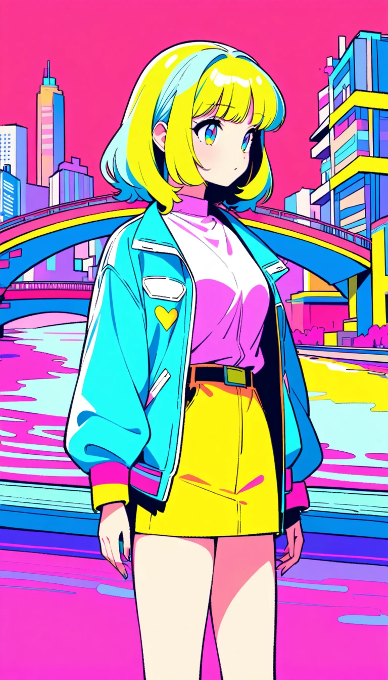 masterpiece, Highest quality, Beautiful attention to detail, Very detailed, In detail, High resolution, Perfect ???????, colorful, pastel colour, One Girl, alone, (City pop illustrations), (City Pop Art), Simple Background, Retro Style, (Vaporwave City Pop), (1980s City Pop), (City Pop Anime), (river, bridge), Retro Style, 1980s Fashion, Cowboy Shot,