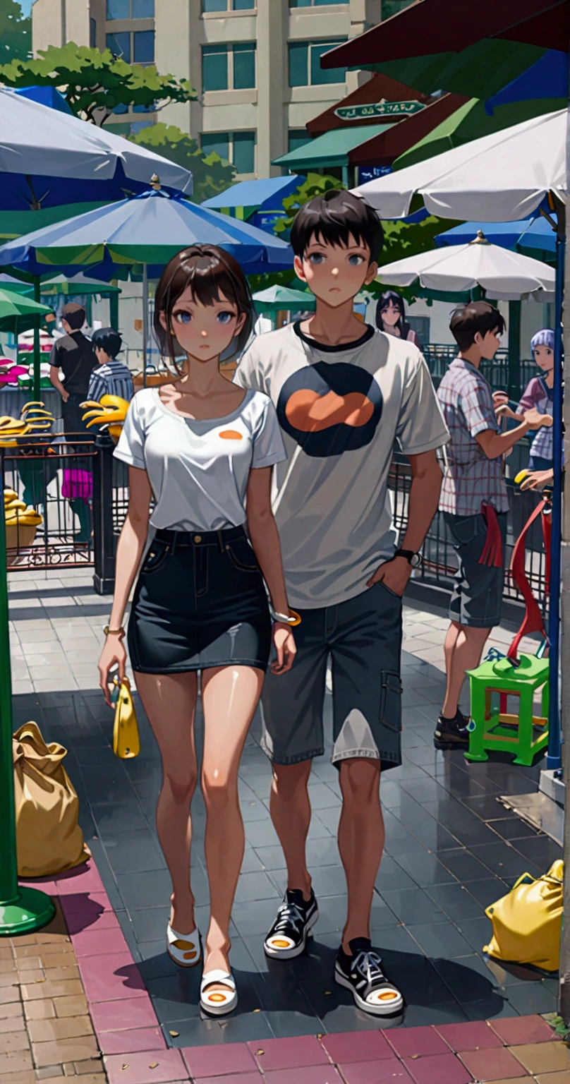 a realistic anime illustration of a young couple, they're waiting to crossing, front view, looking at viewer, full body detailed portrait, extremely detailed facial features, high quality, masterpiece, best quality, (girl: denim pencil skirt) , (boy: plain short pant)