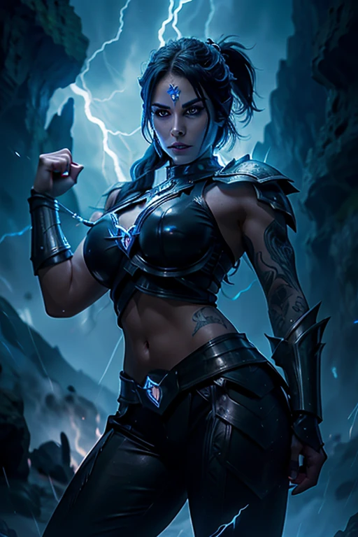 MILF, evil beautiful and muscular Nordic female storm giant with blue black hair in a ponytail, older and mature woman, throwing a lightning ball, glowing tattoos, wearing steel runic plate mail Armour , temple cave background with lightning storm, glowing blue eyes, square jaw, powerful and imposing 