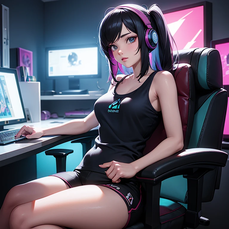 A stunning Cinematic vaporwave 3D render of a 23-year-old gamer girl fully immersed in her passion for gaming. She is colorful, small tank top and shorts, Make it look casual, Stylish gaming wear. Her room was full of energy.、Energetic, RGB lights illuminate the space、There are game posters on the wall., stuffed toy, Other geeky decorations. Gamer sits comfortably in an ergonomic gaming chair, Her legs are slightly apart and placed on the desk, Exudes confidence and relaxation. She is wearing headphones and concentrating on the game., Showcasing the joy and empowerment of female gamers., 3D Rendering, Cinematic, photograph