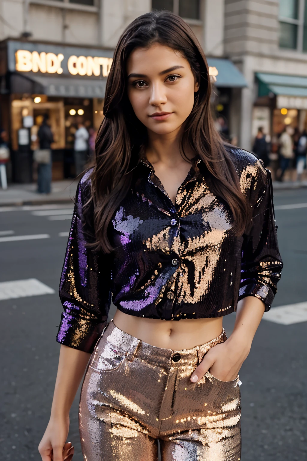 Generate a realistic, human-captured image of a person wearing a button-up shirt paired with sequin pants.
