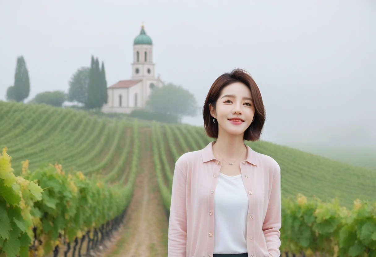 8k, ultra high resolution, best quality, masterpiece, ,surreal, picture, 1 woman, (36 years old:1.3), Pretty Woman, Cute face, a woman:1.2, 36 years old 한국 여성, Inspired by Son Ye-jin. whole body ,Light pink collared shirt and short luxury brand cardigan, casual pants, Italian countryside vineyard road, foggy vineyard at dawn, A cathedral can be seen in the distance in the fog., look up at the sky , Full of cleanliness,a relaxed smile,heal the heart, short medium hair,Beauty, smile a little、(((ideal body type))),A cup small breasts :2, 캐논 16-35 광각렌즈 멀리 whole body샷, Show the pants part, Vivid picture quality, clearly, walking on a path, whole body 보이게, Short hair, 멀리 언덕 위 오솔길을 걷는 whole body 모습 picture