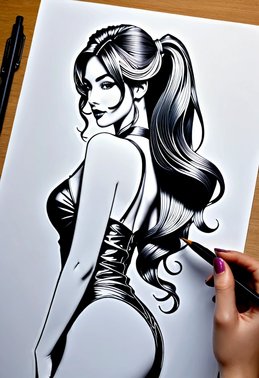 Sur une grande feuille de papier posée sur un bureau, Dessiner une figurine 4D de style encre uhd époustouflante et à couper le souffle, (mélange de l’art origami et de l’art de la découpe du papier), Art style beautiful woman, (sexy Black latex), detailed, 8k, (Long Wavy Hair:ponytail), masterpiece, high quality, high quality, High resolution, View from behind, effet holographique qui semble sortir de la feuille de dessin, dessin extrêmement détaillé, hyperréaliste, Des détails sublimes. Un travail vraiment remarquable, travail joyeux et sensuel, (sublime poitrine effet push-up qui semble sortir de la feuille de dessin, effet 3d époustouflant), ((proportions parfaites, masterpiece, hyperRéaliste, masterpiece, superior quality, high resolution, Extremely detailed, highly detailed 8K wallpaper, détails fractales))
