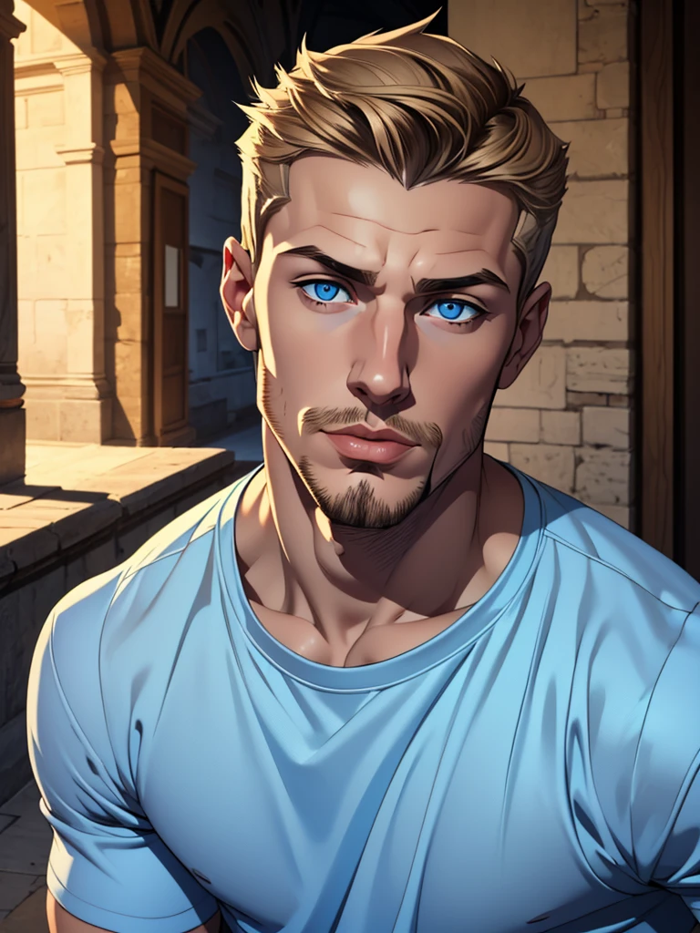 ( boy) (dark blonde short hair), (blue colored eyes), (Caucasian skin), (close no rosto) (thin goatee), (white social t-shirt), (italian), (body skinny) (little muscle), (Small face), (goatee)