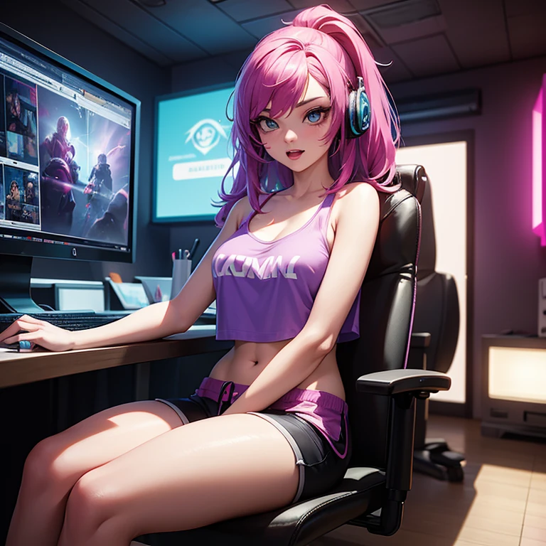 A stunning Cinematic vaporwave 3D render of a 23-year-old gamer girl fully immersed in her passion for gaming. She is colorful, small tank top and shorts, Make it look casual, Stylish gaming wear. Her room was full of energy.、Energetic, RGB lights illuminate the space、There are game posters on the wall., stuffed toy, Other geeky decorations. Gamer sits comfortably in an ergonomic gaming chair, Her legs are slightly apart and placed on the desk, Exudes confidence and relaxation. She is wearing headphones and concentrating on the game., Showcasing the joy and empowerment of female gamers., 3D Rendering, Cinematic, photograph