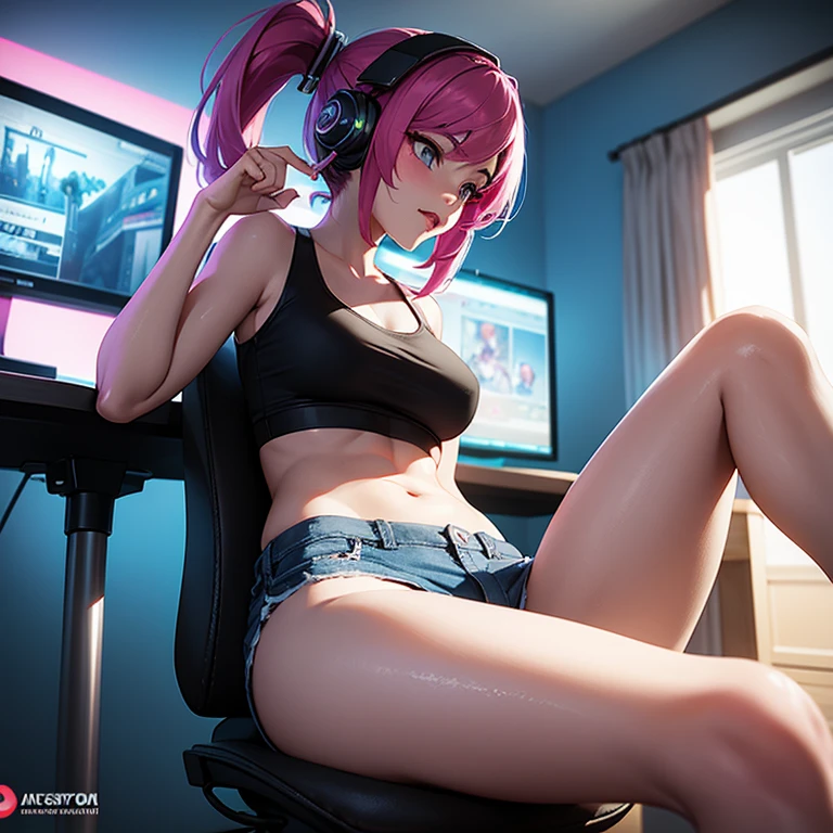 A stunning Cinematic vaporwave 3D render of a 23-year-old gamer girl fully immersed in her passion for gaming. She is colorful, small tank top and shorts, Make it look casual, Stylish gaming wear. Her room was full of energy.、Energetic, RGB lights illuminate the space、There are game posters on the wall., stuffed toy, Other geeky decorations. Gamer sits comfortably in an ergonomic gaming chair, Her legs are slightly apart and placed on the desk, Exudes confidence and relaxation. She is wearing headphones and concentrating on the game., Showcasing the joy and empowerment of female gamers., 3D Rendering, Cinematic, photograph