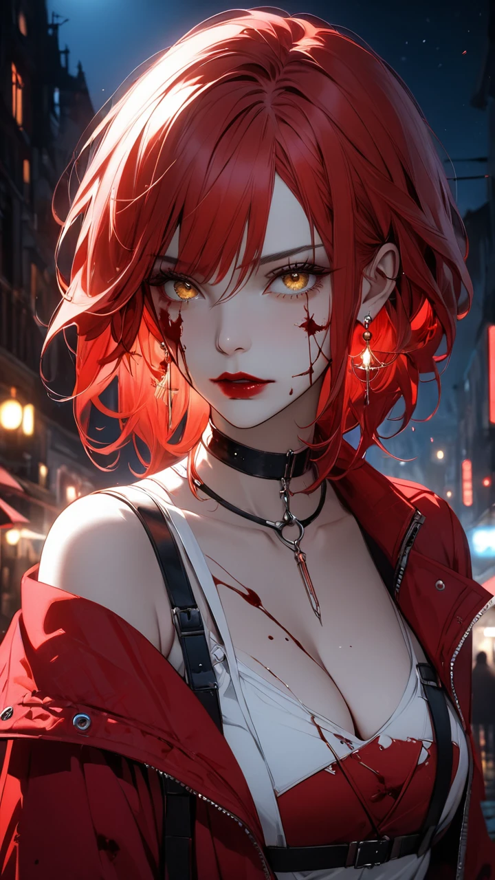 best quality, super_delicate, beautiful, 8k,red jacket, earrings, choker, concept, night, blood on face1:3, red eyes, harness, red lips white shirt, yellow eyes, cleavage, split-blue-red-hair