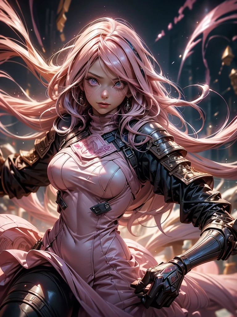 a pinkhaired scandinavian girl with half plate armor and frilly skirt over a skintight bodysuit, (Long pink Hair:1.4), pink Eyes, HDR (High Dynamic Range), Ray Tracing, NVIDIA RTX, Super-Resolution, Subsurface Scattering, Anisotropic Filtering, Depth-Of-Field ,Maximum Clarity And Sharpness, Surface Shading, Two-Tone Lighting, medieval style.