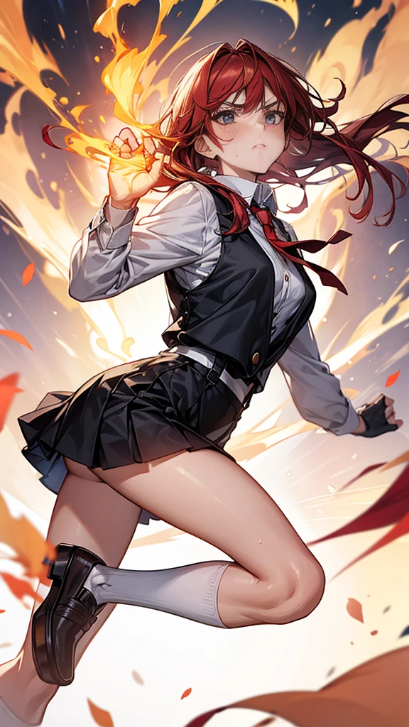 Cowboy Shot,from side,Dynamic composition,{{masterpiece}}, {{{Highest quality}}},{{Very detailed}}｛{{Mature woman punching with flaming fist}}｝,{{疲労でSweatをかいている成人女性}},Sweat,action,{{Blushing}},{{V-shaped eyebrows}},{{White Long sleeve mini skirt uniform}},{{suspenders}},{{{Fight}},{Forward tilt},Raise your hand,Shoot flames from your hands ,{{}},{{Eyelet foot}},,{{magic}},{{Fighting}},,Slender body}}{{Female police officer}},,White long-sleeved blouse,,suspenders　,Long sleeve mini skirt uniform, White High Socks,Black fingerless gloves, Long Red Hair, Red tie,Straight hair ,Blunt bangs,.amountn loafer,,blush,,,suffering,v-shaped eyebrows.,Sweat dripping,Medium chest ,