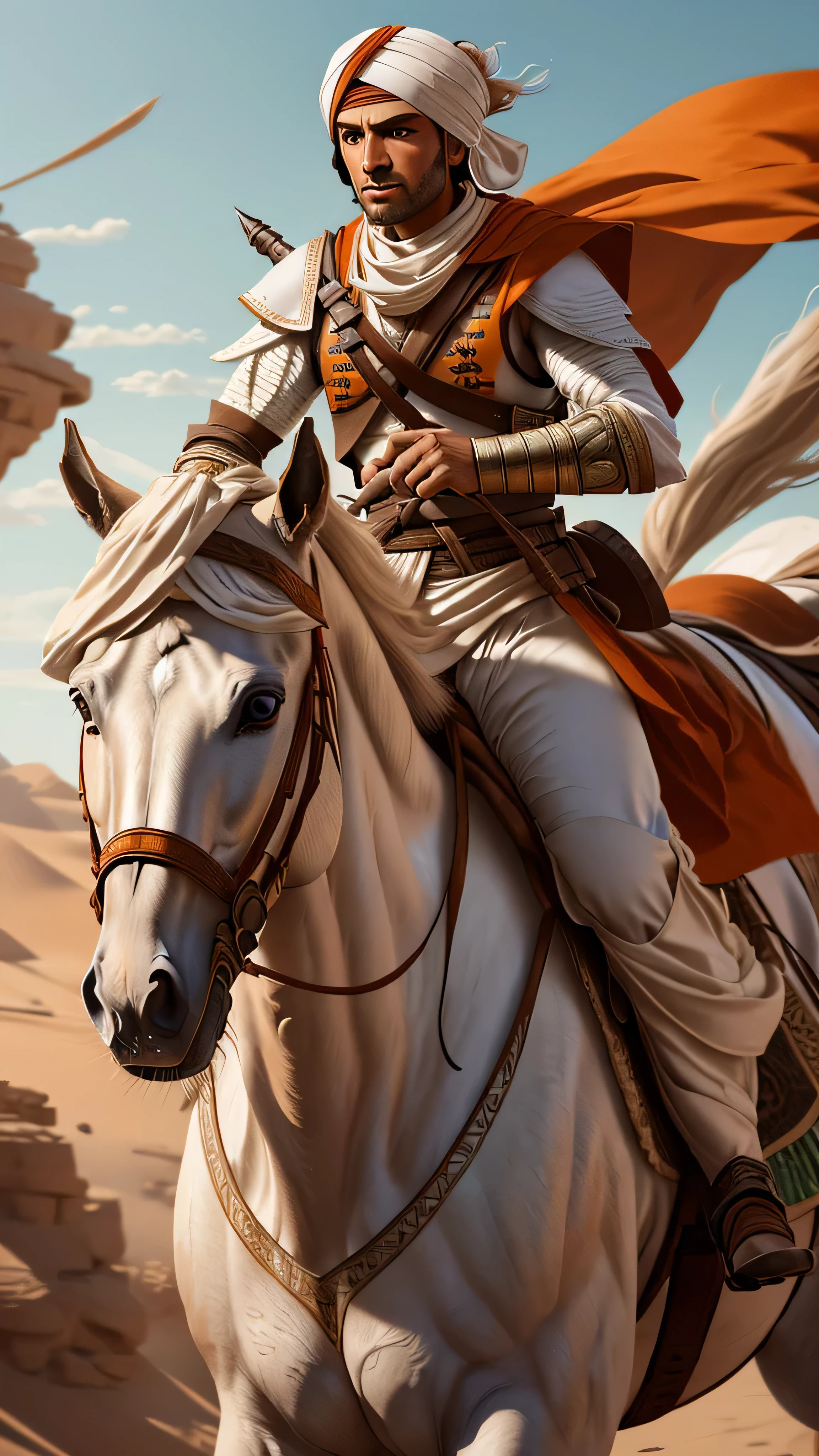 eastern nomad archer, orange vest, white turban, white pants, (bow), (riding on a (brown armored horse)), (masterpiece, best quality), (green eyes), (hyper realistic:1.6), ((detailed face)), ((award-winning)), (sharp), (8k resolution), (cinematic lighting)