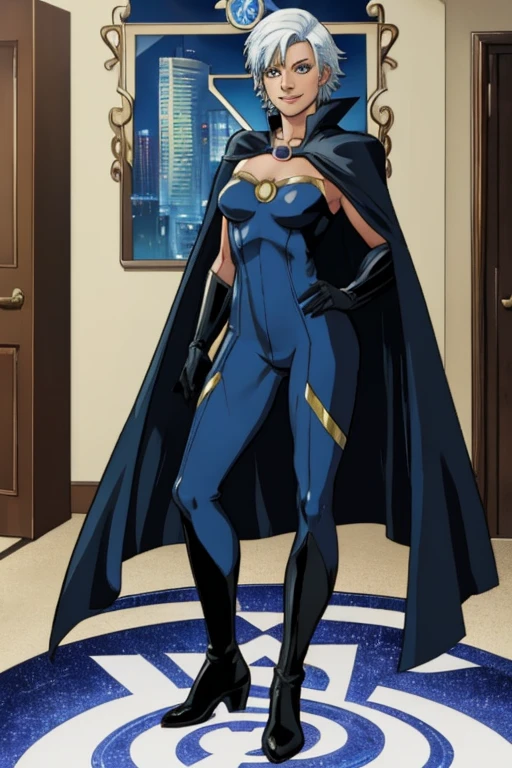 X men, 1girl, solo, cape, long cape, thigh highs, gloves, Ororo, bodysuit, superhero suit, strapless, white hair, short hair, room , standing, smile