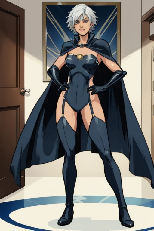 X men, 1girl, solo, cape, long cape, thigh highs, gloves, Ororo, bodysuit, superhero suit, strapless, white hair, short hair, room , standing, smile