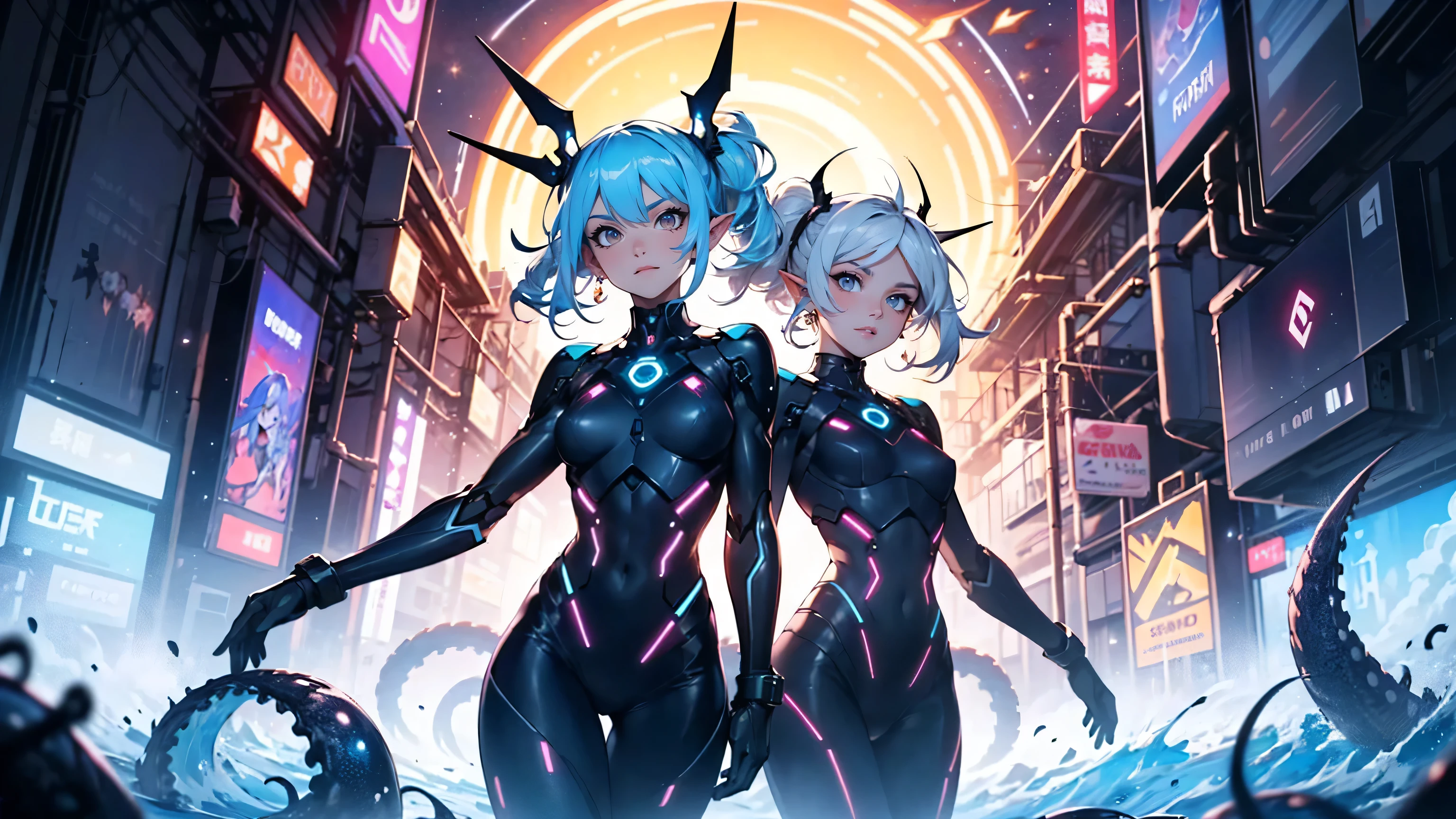 
two beautiful girl elf, neon rainbow hair, space buns, no clothes, no pants, tentacles , city, psychedelic color city, fractal cyberscape, hanging out, cute faces, extreme abs, very developed ab muscles, no clothes, exposed body, nudist, futuristic, neon signs, beautiful sunset, giant mecha robot, no clothes, super pretty, unnatural grace, nude, naked, super beautiful, giant black and gold octopus tentacles touching characters, jewlery, quantum balls of power and light, tentacles, Millions of particles, floating in turbulent patterns, detailed, fractal sky

