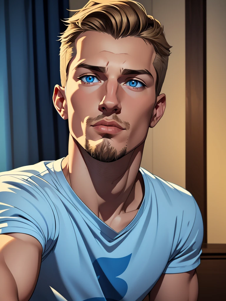 (young boy) (dark blonde short hair), (blue colored eyes), (Caucasian skin), (close no rosto) (thin goatee), (white social t-shirt), (italian), (body skinny) (little muscle), (Small face), (goatee) (NOT HEALED)