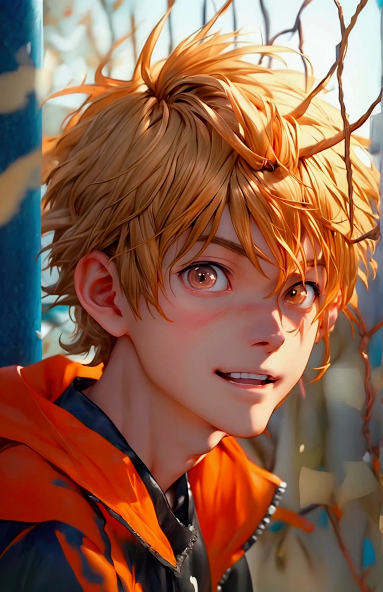 (Very realistic, concentrate、High resolution, Detailed face, Detailed Hair,fine grain)，Official Art，8k wallpaper，figure，((One boy)), Shorthair with light brown hair、Light brown eyes、happy, Trendy clothing，sneakers，whole body，Hands hang down naturally，bright smile,orange hair color, Japanese anime style, anime volleyball boy, fluffy hair, boy 15 year old 