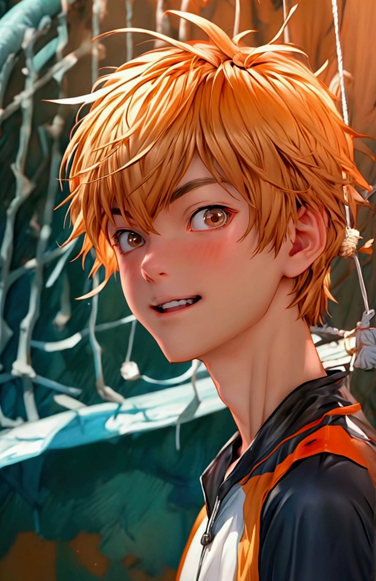 (Very realistic, concentrate、High resolution, Detailed face, Detailed Hair,fine grain)，Official Art，8k wallpaper，figure，((One boy)), Shorthair with light brown hair、Light brown eyes、happy, Trendy clothing，sneakers，whole body，Hands hang down naturally，bright smile,orange hair color, Japanese anime style, anime volleyball boy, fluffy hair, boy 15 year old 