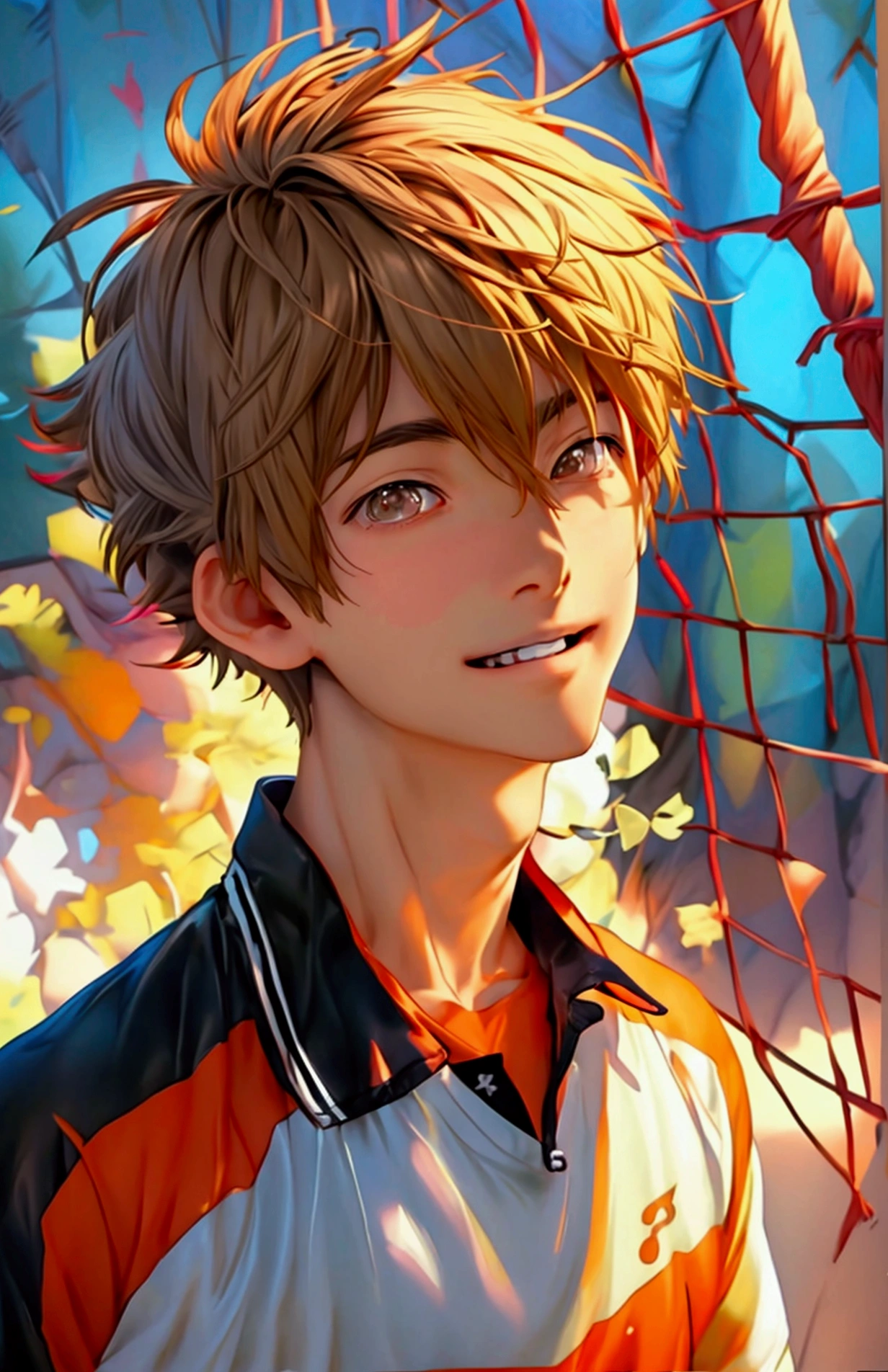 (Very realistic, concentrate、High resolution, Detailed face, Detailed Hair,fine grain),Official Art,8k wallpaper,figure,((One boy)), Shorthair with light brown hair、Light brown eyes、happy, Trendy clothing,sneakers,whole body,Hands hang down naturally,bright smile,orange hair color, Japanese anime style, anime volleyball boy, fluffy hair, boy 15 year old