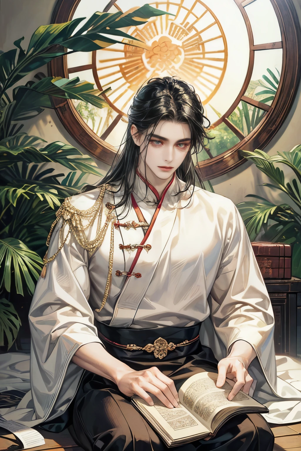 a ethereal handsome young man, looking. Very long black hair, beautiful eyes and long eyelashes. His skin glows, and he is wearing a loose-fitting, traditional Chinese white cloths, He is sitting on traditional Chinese wooden room, reading old book, Light from round wooden window, soft light, hi-quality, masterpiece, each hand have five fingers.