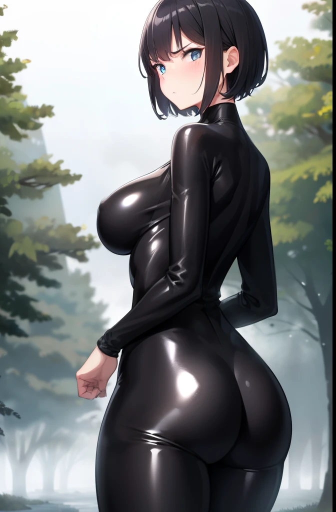 girl,short hair,Black Hair,Large Breasts,Black tight suit,blush,Serious face,blue eyes,moisture,fog,cloudy,forest,Backwards,Butt,return,Right behind,