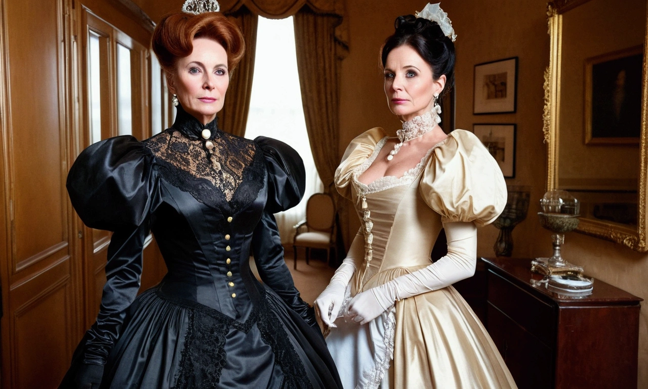 spectacularly beautiful 45 yo trophy wife with elegant makeup wearing a very strict Victorian gown with massive crinoline, tall starched lace collar and puff sleeves. shiny metallic gold silk taffeta. arrogantly standing at Carlton Towers guest suite. attended by  her identical twin sister who is dressed in a black pvc formal chambermaid uniform. upper body view