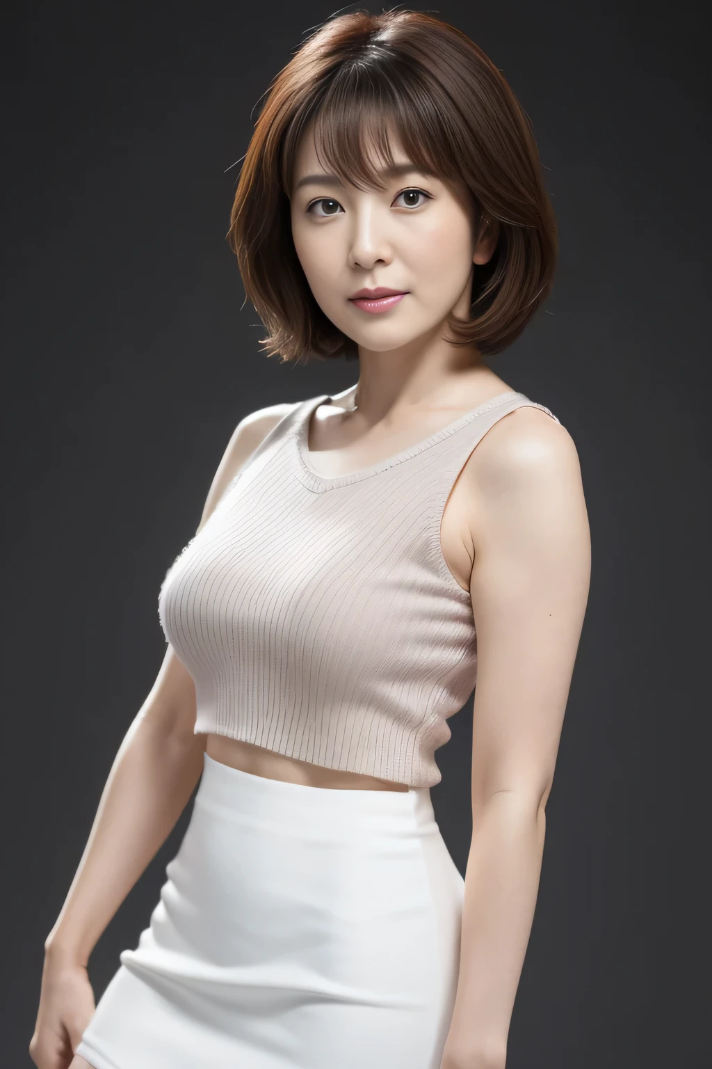Masseter region, Highest quality, masterpiece, High resolution, Realistic, RAW Photos, 8k wallpaper, perfection, Professional Lighting, Very detailed, Gray background, ((30 year old Japanese mature)), Chubby body type, Sexy Woman, Detailed face, Beautiful Eyes, bangs, Big and ample breasts, Straight light brown hair reaching to the shoulders, Faint lips, ((Stand facing the center of the screen, View your audience, Serious face)), White sleeveless summer sweater,  White mini skirt, legs protruding from the frame,, Looking at the audience, Cowboy Shot