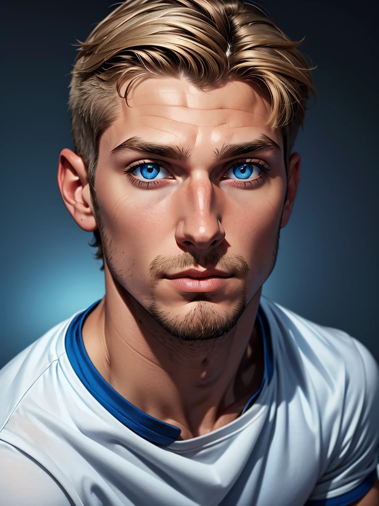 (young boy) (dark blonde short hair), (blue colored eyes), (Caucasian skin), (close no rosto) (thin goatee), (white social t-shirt), (italian), (body skinny) (little muscle), (Small face), (goatee) (NOT HEALED)