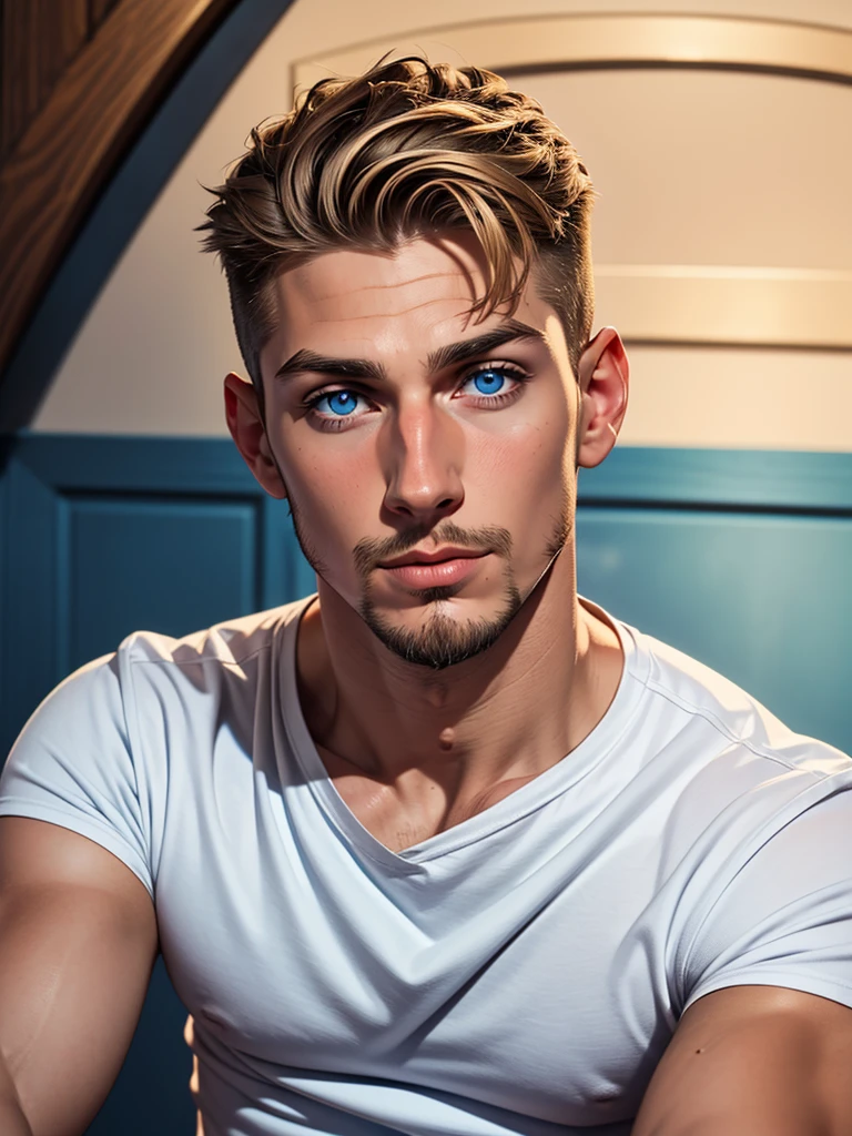 (young boy) (dark blonde short hair), (blue colored eyes), (Caucasian skin), (close no rosto) (thin goatee), (white social t-shirt), (italian), (body skinny) (little muscle), (Small face), (goatee) (NOT HEALED)