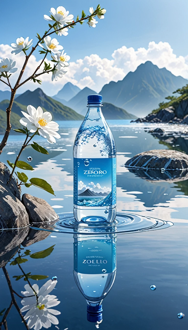 Outdoor, Bottle, water, not human, still life, vague, bubble, landscape, water drop, Ocean, zero, zerozero, blue zerozero, cloud, vague background, Depth of written boundary, reflection, , rock, Sports Vague, Mountain, White flower, branch, ice.