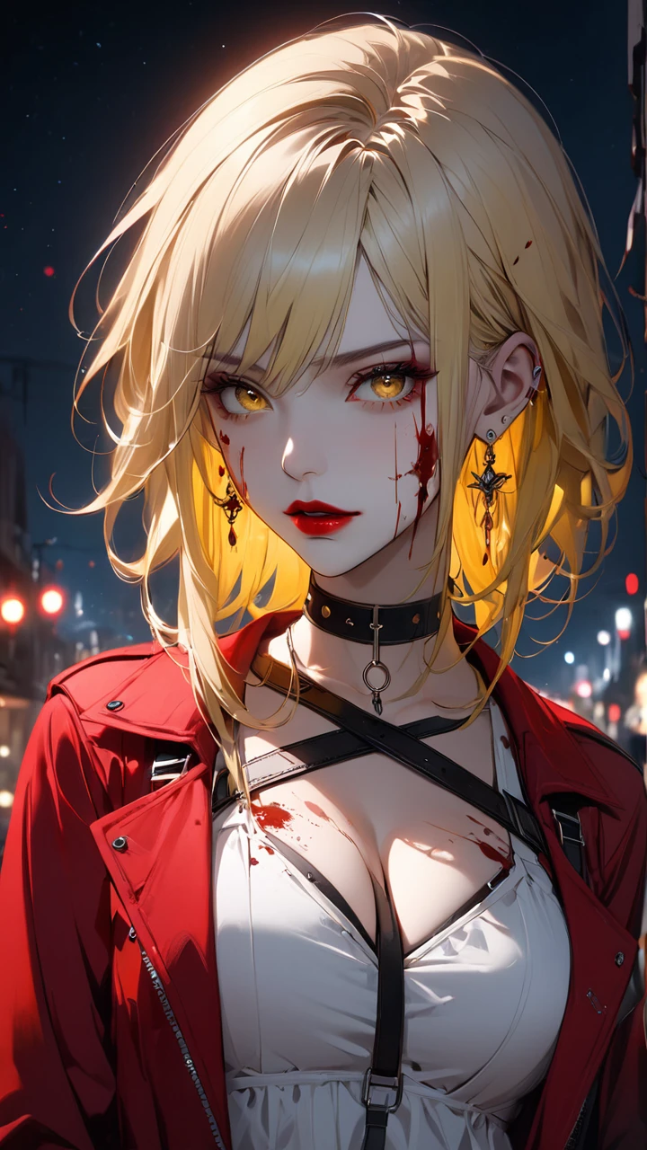 best quality, super_delicate, beautiful, 8k,red jacket, earrings, choker, concept, night, blood on face1:3, red eyes, harness, red lips white shirt, yellow eyes, cleavage, split-color hair 