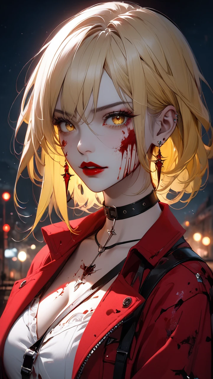 best quality, super_delicate, beautiful, 8k,red jacket, earrings, choker, concept, night, blood on face1:3, red eyes, harness, red lips white shirt, yellow eyes, cleavage, split-color hair