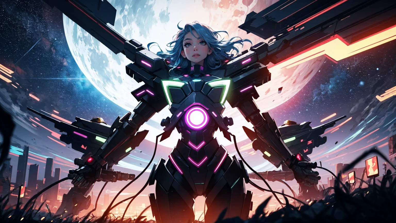 two beautiful girl elf, neon rainbow hair, space buns, no clothes, no pants, tentacles , city, psychedelic color city, fractal cyberscape, hanging out, cute faces, extreme abs, very developed ab muscles, no clothes, exposed body, nudist, futuristic, neon signs, beautiful sunset, giant mecha robot, no clothes, super pretty, unnatural grace, nude, naked, super beautiful, giant black and gold octopus tentacles touching characters, jewlery, quantum balls of power and light, tentacles, Millions of particles, floating in turbulent patterns, detailed, fractal sky