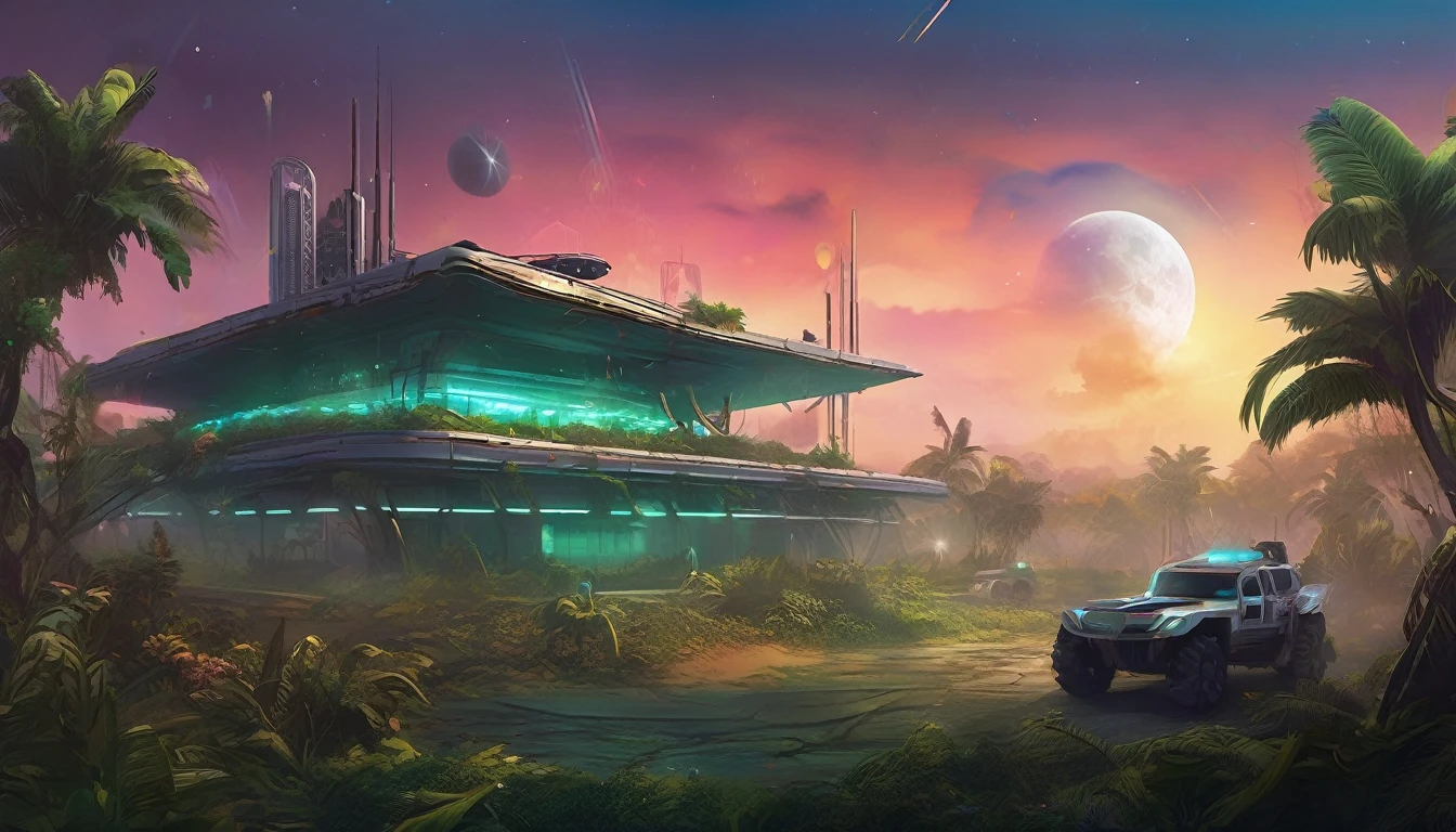 Create a high-resolution background image for a futuristic battle royale game lobby. The scene should depict a dramatic, immersive environment that fits the game's theme. Imagine the following elements:
1. Location: An island with varied terrain, including a beach, dense jungle, and distant mountains.
2. Time of Day: Twilight, with a vivid, colorful sky transitioning from day to night, filled with stars and a glowing moon.
3. Atmosphere: A sense of mystery and adventure, with bioluminescent plants and subtle neon glows scattered throughout the landscape.
4. Structures: Include futuristic, abandoned military buildings like bunkers, watchtowers, and a central research facility partially overgrown with vegetation.
5. Additional Elements: A few advanced vehicles like hoverbikes and armored trucks parked near the buildings, with light trails indicating recent movement.
6. Special Effects: Soft mist and fog rolling through the jungle, and occasional flickers of energy from the military base, hinting at hidden technology.