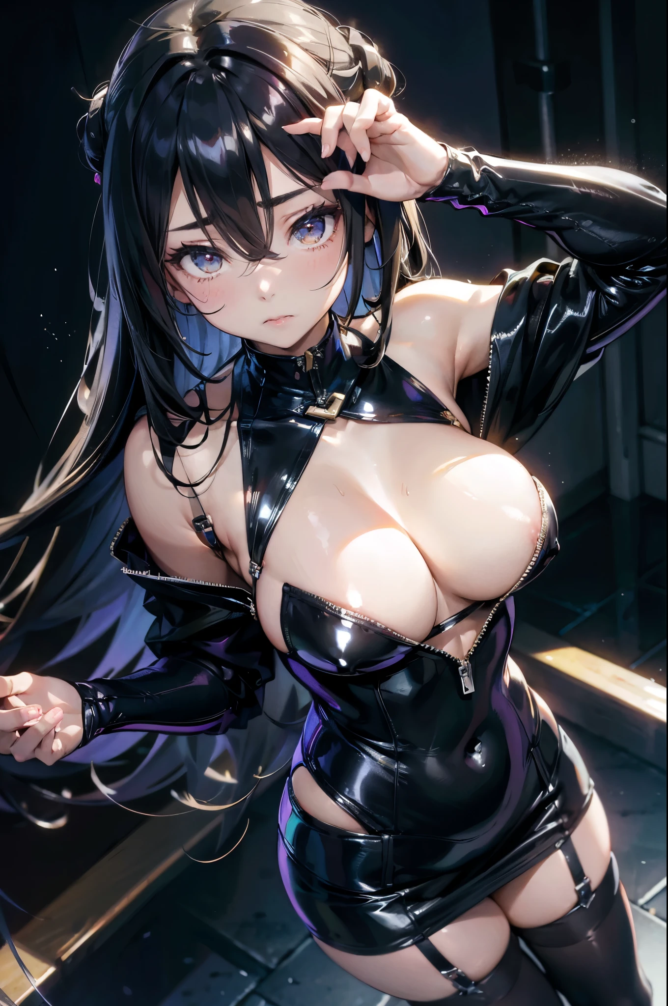 Very plump、slim、健美of黑发死亡金属女孩, 白皙of皮肤, Big Hair, Big ponytail, Hair combed back, 柔软of脸, sports, Heavy makeup, perforation, Black leather, Studs, Tights, Tights, boots, Fingerless gloves. Black butterfly tattoo. 站在夜晚of黑暗小巷里. at night. Neon lights. severe. cunning, 苦of, of, meaning is, 生气of.巨大of , Crazy breast swelling, Chest larger than shoulder blades, Big breasts and thin waist,(巨大of breasts:1.2),Hydrated skin((rogue))((非常巨大of乳房)),((凹槽露出原有of皮肤))((Open your legs))