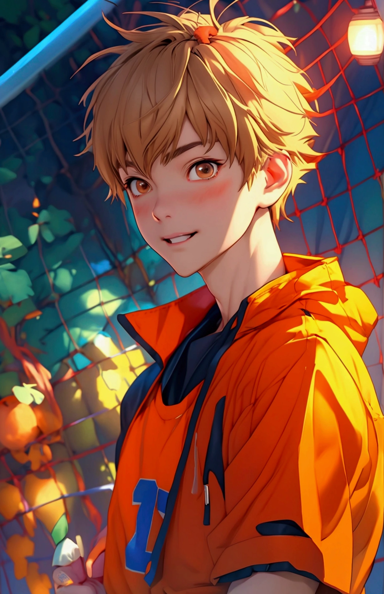 (Very realistic, concentrate、High resolution, Detailed face, Detailed Hair,fine grain)，Official Art，8k wallpaper，figure，((One boy)), Shorthair with light brown hair、Light brown eyes、happy, Trendy clothing，sneakers，whole body，Hands hang down naturally，bright smile,orange hair color, Japanese anime style, anime volleyball boy, fluffy hair, boy 15 year old