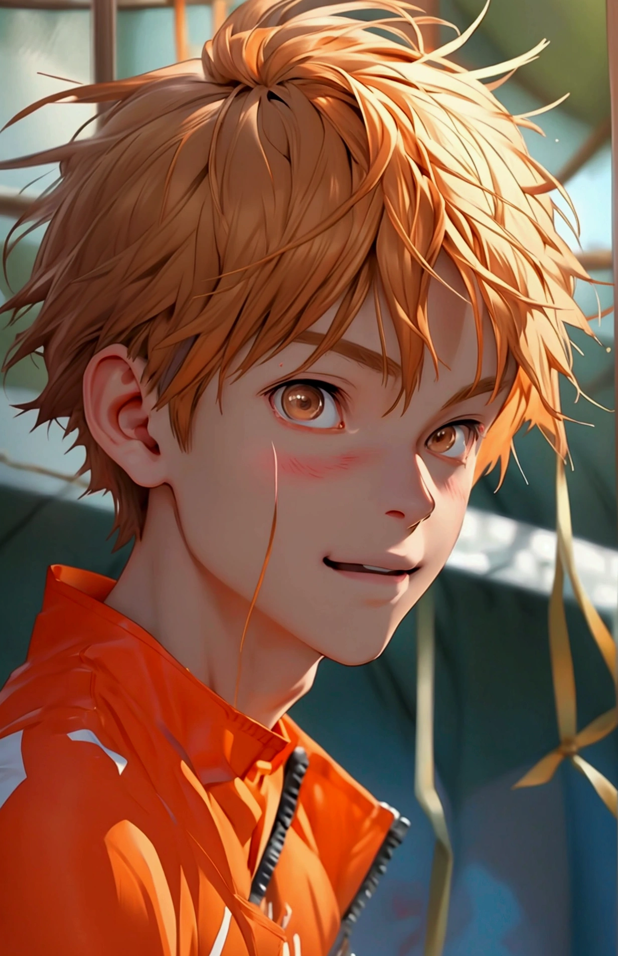 (Very realistic, concentrate、High resolution, Detailed face, Detailed Hair,fine grain)，Official Art，8k wallpaper，figure，((One boy)), Shorthair with light brown hair、Light brown eyes、happy, Trendy clothing，sneakers，whole body，Hands hang down naturally，bright smile,orange hair color, Japanese anime style, anime volleyball boy, fluffy hair, boy 15 year old