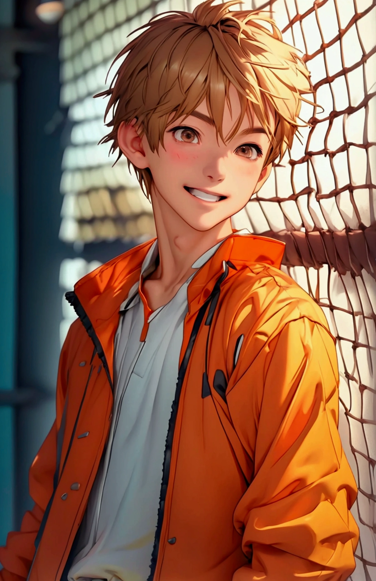 (Very realistic, concentrate、High resolution, Detailed face, Detailed Hair,fine grain)，Official Art，8k wallpaper，figure，((One boy)), Shorthair with light brown hair、Light brown eyes、happy, Trendy clothing，sneakers，whole body，Hands hang down naturally，bright smile,orange hair color, Japanese anime style, anime volleyball boy, fluffy hair, boy 15 year old