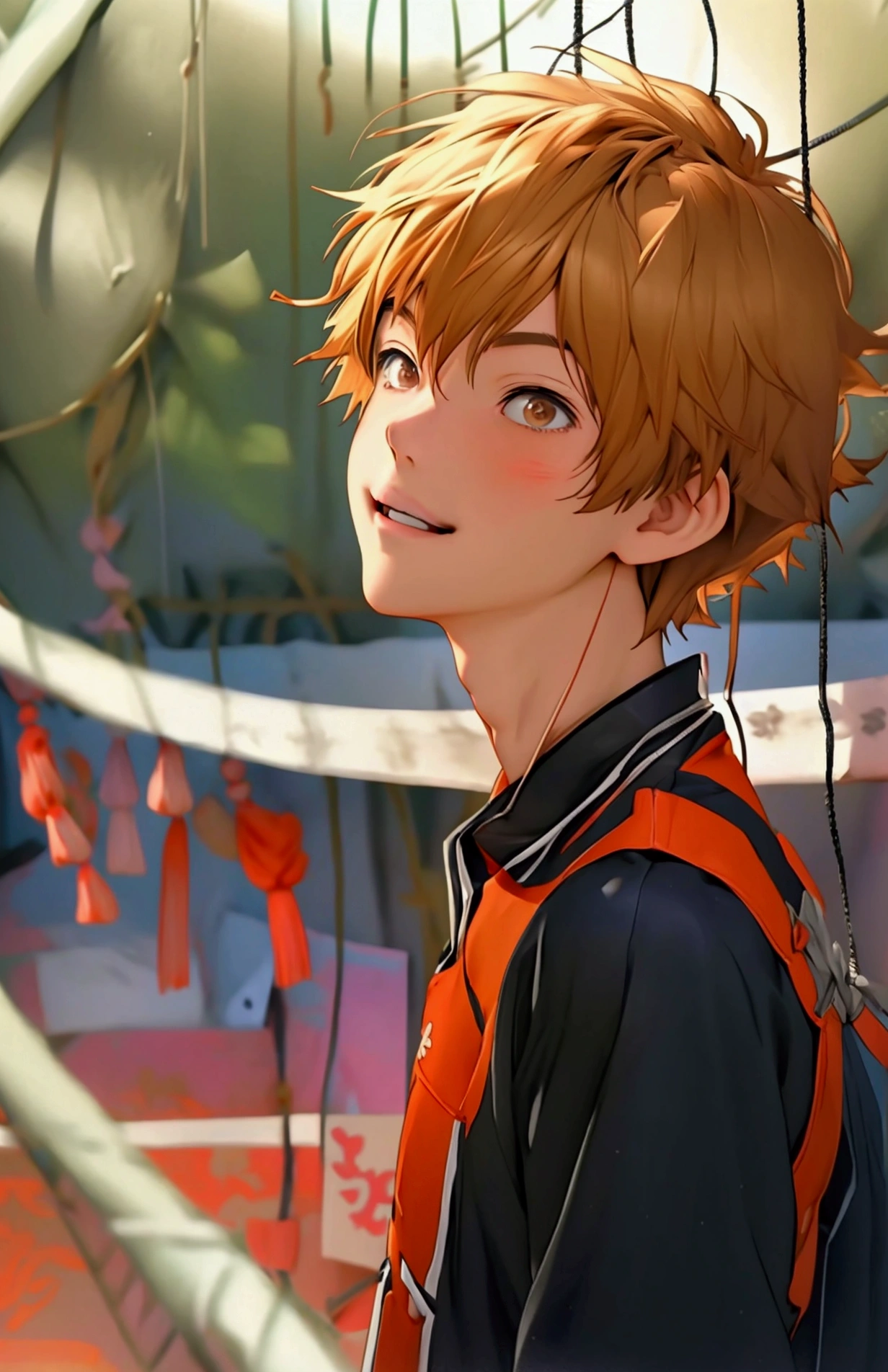 (Very realistic, concentrate、High resolution, Detailed face, Detailed Hair,fine grain)，Official Art，8k wallpaper，figure，((One boy)), Shorthair with light brown hair、Light brown eyes、happy, Trendy clothing，sneakers，whole body，Hands hang down naturally，bright smile,orange hair color, Japanese anime style, anime volleyball boy, fluffy hair, boy 15 year old