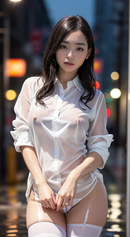 Ultra detailed nipples,((Realistic lighting, Highest quality, 8k, masterpiece: 1.3)), concentrate: 1.2, One Girl, Perfect beauty: 1.4, Slim Abs: 1.1, (Big Breasts), (White shirt: 1.4),nude.nude. Showing nipples.(Outdoor, night: 1.1), Nipples are slimy、 Expose、Nipples are visible、Nipples are visible、Ultra see-through shirt.7 City Street, Very beautiful face, Beautiful Eyes, double eyelid, Colorful knee-length stockings: (Wet in the Rain, Wet: 1.2)