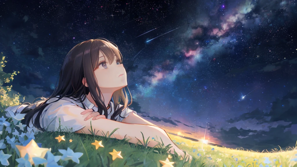 Describe the scene where a pretty girl is lying on a grassy hill..., Look up at the starry sky. Surround her with nebulae and her favorite constellations.