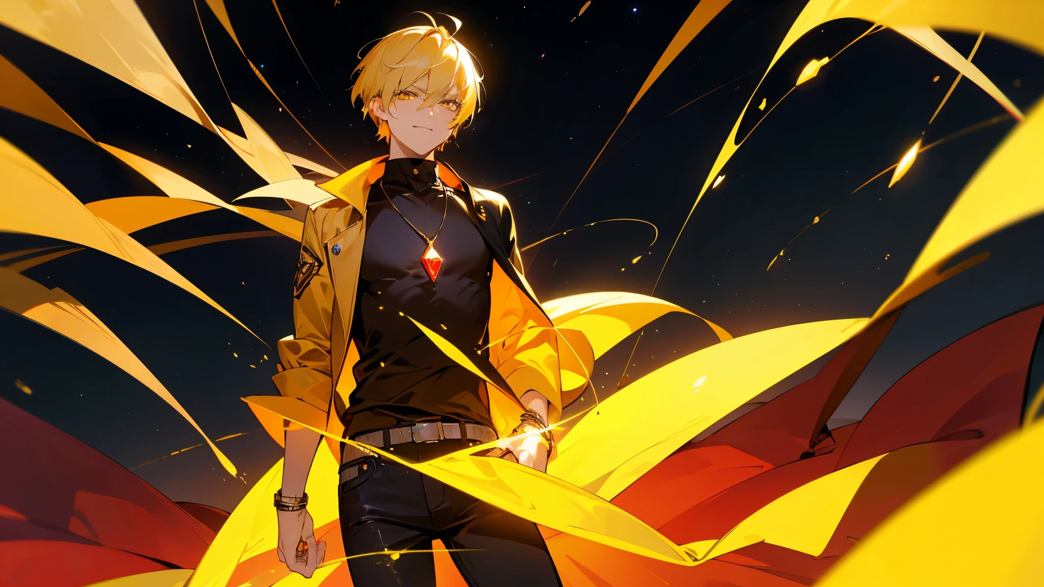 blonde hair, gold eyes, beautiful male, yellow eyes, start sky, 8k resolution, sky, galaxy, young male, serious face, yellow jacket, short hair, black shirt, cowboy shot, glowing red gem necklace, black shirt, jean pants, smile, red gem bracelet, red gem on chest