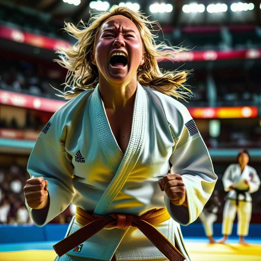 Olympic gold medal-winning female judo player、Celebrating their victory surrounded by enthusiastic fans in a packed stadium、Opposing players crying in defeat、Dramatic lighting、Detailed and dynamic action poses、Cinematic camera angles、Super fine、Photorealistic、8k、masterpiece, glowneon