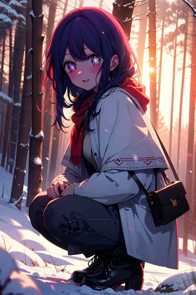 aihoshino, Ai Hoshino, Long Hair, bangs, (Purple eyes:1.1), Purple Hair, (Symbol-shaped pupil:1.5), smile,,smile,blush,white breath,
Open your mouth,snow,Ground bonfire, Outdoor, boots, snowing, From the side, wood, suitcase, Cape, Blurred, , forest, White handbag, nature,  Squat, Mouth closed, Cape, winter, Written boundary depth, Black shoes, red Cape break looking at viewer, Upper Body, whole body, break Outdoor, forest, nature, break (masterpiece:1.2), Highest quality, High resolution, unity 8k wallpaper, (shape:0.8), (Beautiful and beautiful eyes:1.6), Highly detailed face, Perfect lighting, Extremely detailed CG, (Perfect hands, Perfect Anatomy),