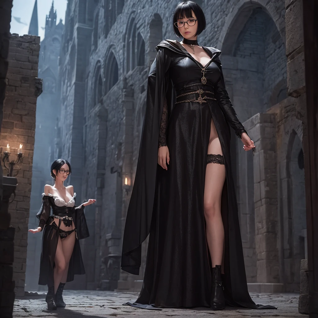 Performs a Necromancer woman of short stature with shoulder-length black hair and glasses in the background of a medieval castle 