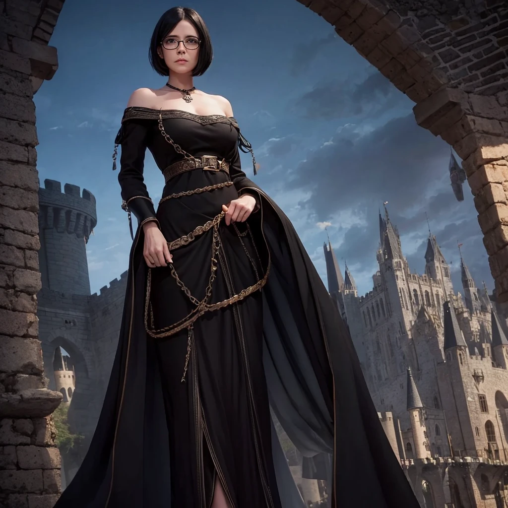 Performs a Necromancer woman of short stature with shoulder-length black hair and glasses in the background of a medieval castle 