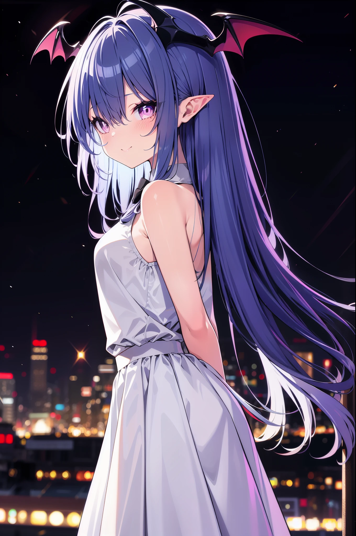 (cowboy shot), (best quality, ultra-high resolution, depth of field:1.2), 1woman, succubus, long flowing hair, (blue and purple hair gradient:1.1), ((small black bat wings on the head)), pink eyes, white pupils, pointy ears, small breasts, (intricate white blouse), pink bow tied at collar, long skirt, (blushing), (gentle smile), arms behind back, tilting head, night cityscape background, (city lights:1.1), (mischievous appearance:1.2)